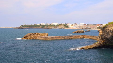 View of the Gamaritz sea wall and the seaside city of Biarritz, France