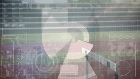 Animation of data processing on digital interface over runner jumping hurdle at sports stadium. sport, competition, global network and digital interface concept, digitally generated video. - Powered by Shutterstock - Get 15% off with code: PIKWIZARD15