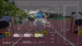 Animation of world map and data processing on digital interface over women running on sports track. sport, competition, global network and digital interface concept, digitally generated video.