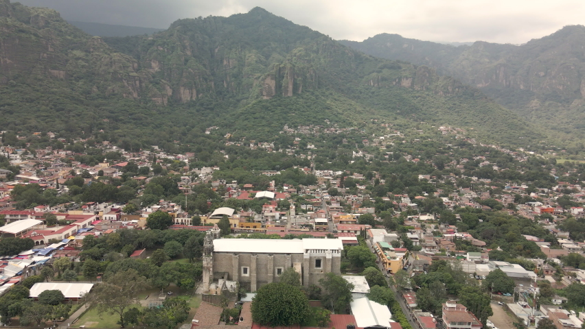 View of convent and mountains in Tepoztlan Mexico