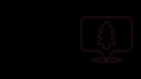 Glowing neon line Location of the forest on a map icon isolated on black background. 4K Video motion graphic animation.