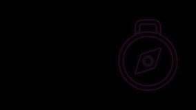 Glowing neon line Compass icon isolated on black background. Windrose navigation symbol. Wind rose sign. 4K Video motion graphic animation.