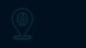 Glowing neon line Location pirate icon isolated on black background. 4K Video motion graphic animation.