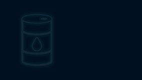 Glowing neon line Barrel oil icon isolated on black background. 4K Video motion graphic animation.