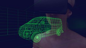 Animation of 3d car drawing over woman wearing vr headset. global car industry, engineering, connections and technology concept digitally generated video.