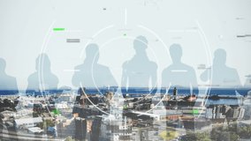 Animation of circular scope scanning with data processing over city and business people silhouettes. global communication, digital interface and data networking concept, digitally generated video. - Powered by Shutterstock - Get 15% off with code: PIKWIZARD15