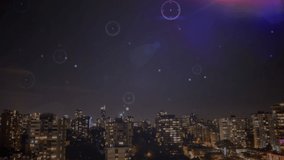 Animation of data processing, with network of connections and white light over city and sky at night. global communication, digital interface and data network concept, digitally generated video.