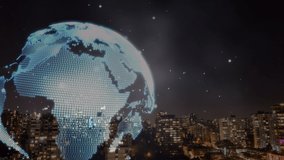 Animation of data processing and rotating globe with network of connections over night cityscape. global communication, digital interface and data network concept, digitally generated video. - Powered by Shutterstock - Get 15% off with code: PIKWIZARD15