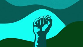 Soviet or USSR style motion graphics, colorful fist on geometric background. Animation. Fist rising up in front of colorful waves, concept of sport and competition.