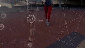 Animation of network of connections and data processing over woman running. global sports, fitness, healthy lifestyle and data processing concept digitally generated video.