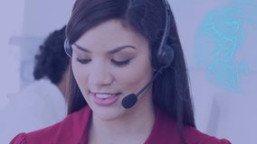 Animation of world map over businesswoman phone headset. global connections, business, digital interface, technology and networking concept digitally generated video.