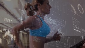 Animation of scope scanning and data processing over woman exercising in gym. fitness, wellbeing and data processing concept digitally generated video.