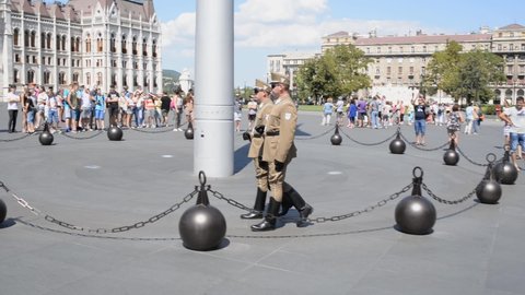 budapest , Hungary - 07 20 2019: 20 July 2019, BUDAPEST, HUNGARY: guard in military uniform at the Hungarian parliament