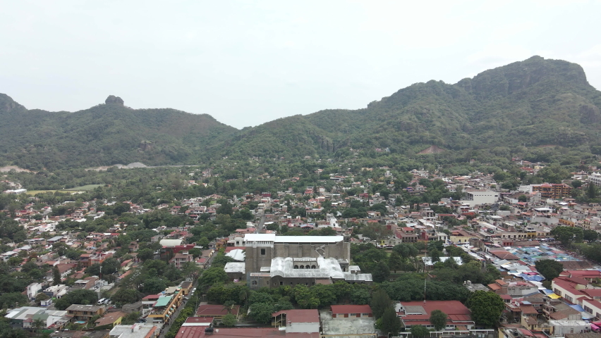 Frontal view of the town of tepoztlan and convent in Mexico