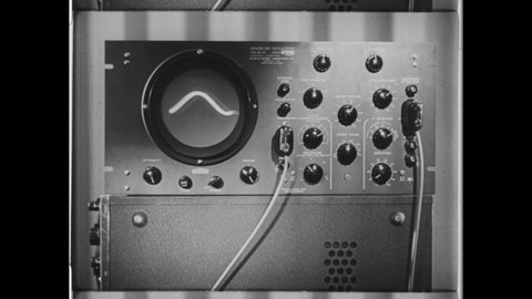 1930s Upper Montclair, NJ. Close Up of a Vintage Cathode Ray Oscilloscope developed by DuMont Laboratories. 4K Overscan of VIntage Archival 16mm Film Print