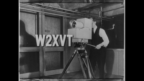 1938 Passaic, NJ. Early Television Camera developed by the DuMont Television Network for the New York City based studio and channel W2XTV. 4K Overscan of Vintage Archival 16mm Film Print