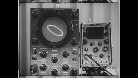 1930s Clifton, NJ. Close Up of a Vintage Cathode Ray Oscilloscope developed by DuMont Laboratories and the . 4K Overscan of Vintage Archival 16mm Film Print