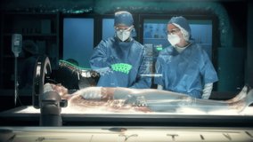 Team of Surgeons Perform Futuristic Surgery with Holographic Scanner Technology on female patient laying on futuristic bed showing injured spinal cord. Augmented Reality Technology. - Powered by Shutterstock - Get 15% off with code: PIKWIZARD15