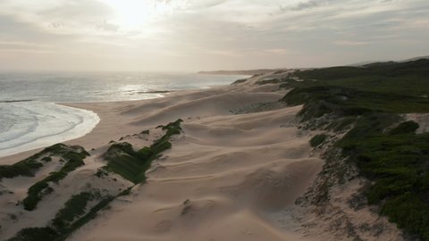Scenic View Of Sardinia Bay Beach With Sand Dunes At Sunrise In Port Elizabeth, South Africa. - aerial