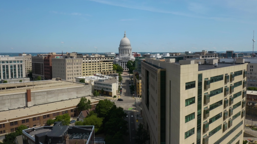 Wisconsin State Capitol Building - Aerial Establishing Shot on Beautiful Summer Day