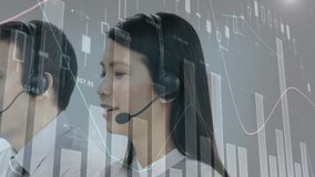 Animation of financial and statistic data processing over business people wearing phone headsets. global finances, business, digital interface and technology concept digitally generated video.