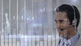 Animation of financial and statistic data processing over businessman wearing phone headset. global finances, business, digital interface and technology concept digitally generated video.