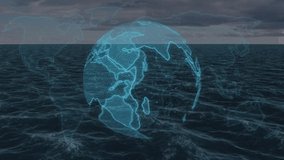 Animation of globe spinning and data processing over sea. global connections, data processing and technology concept digitally generated video.