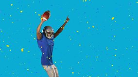 Animation of confetti falling over american football player with ball on blue background. sports and competition concept digitally generated video.