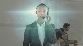 Animation of network of connections over business people wearing phone headsets. global finances, business, digital interface and technology concept digitally generated video.