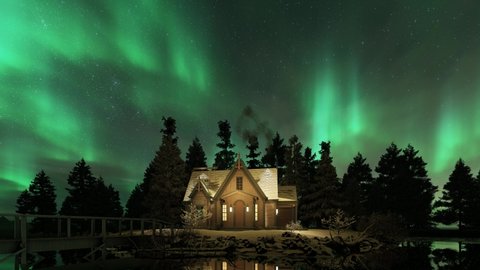 House in the forest with Aurora Borealis,Northern Lights on beautiful night sky,3d animation background.