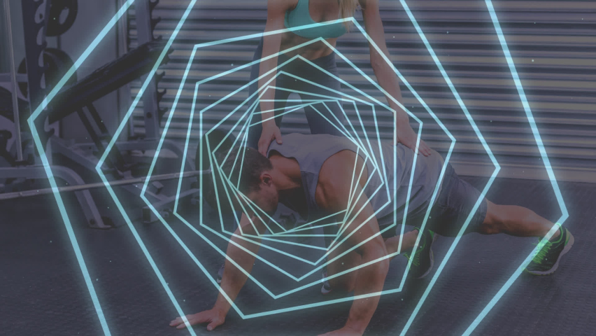 Animation of glowing tunnel over man and woman exercising. global sports, fitness, connections and technology concept digitally generated video.