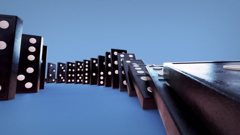 Falling Dominoes on blue background, 3d rendering, illustration, chain reaction