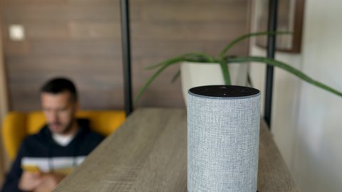 Young Man asks Smart Home Speaker with Assistant to play music, static