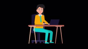 Animation of happy woman sitting on her desk and typing on keyboard. Looped animation with transparent background. A cartoon girl works remotely with laptop. Female freelancer working online.