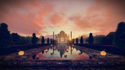 Candels Floating In Front Of Taj Mahal Against Full Moon, Timelapse Sunrise Clouds