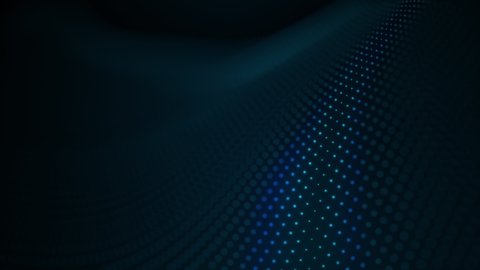 Abstract 3D render technology digital art glow blue dots wave dark background. 4K seamless loop motion waving dots texture with glowing particles. Science, Business, Technology background concept.
