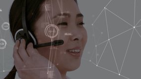 Animation of network of connections over businesswoman wearing phone headset. global connections, digital interface, technology and networking concept digitally generated video.
