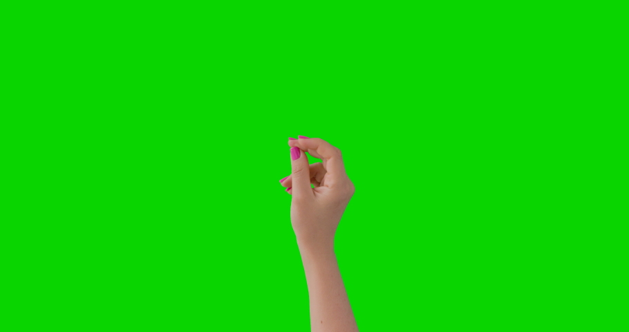 Isolated Woman Hand with Pink Manicure Snapping Fingers Sign Symbol. Green Screen Compositing. Pack of Gestures Movements on Keyed Chroma Key Background. Body Language. 