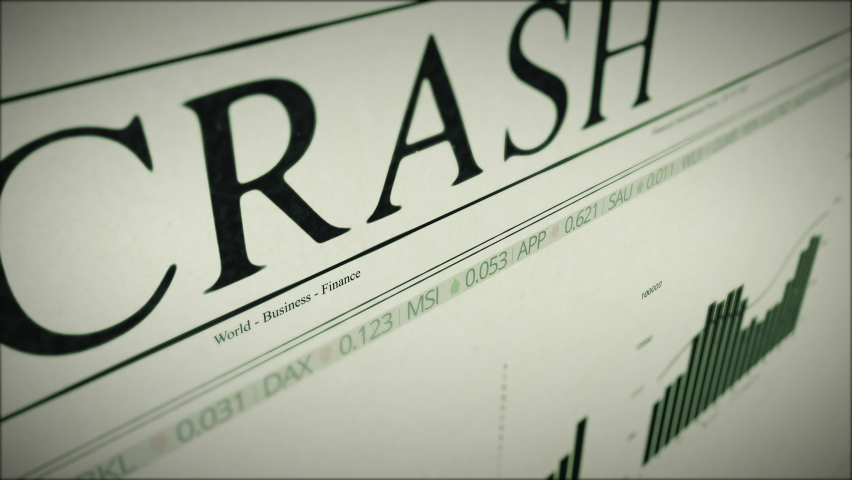 Flight over newspaper with financial crisis stock market crash news, depression, falling stock market prices, digital animation | Shutterstock HD Video #1076360480