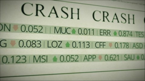 Flight over newspaper with financial crisis stock market crash news, depression, falling stock market prices, digital animation