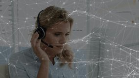 Animation of network of connections over businesswoman wearing phone headset. global connections, digital interface, technology and networking concept digitally generated video.