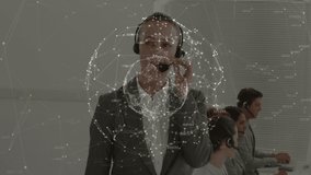 Animation of network of connections over business people wearing phone headsets. global connections, digital interface, technology and networking concept digitally generated video.