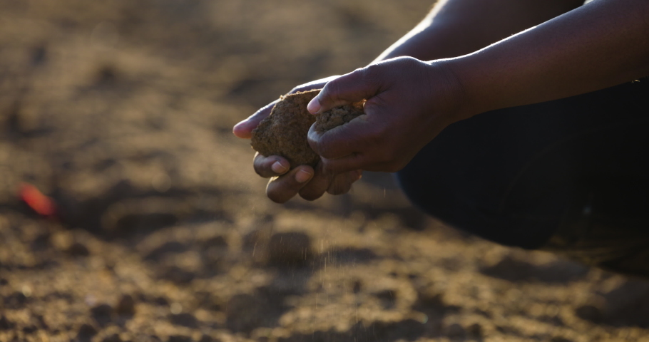 Close-up cropped view of a Black African female farmer hands examining dry ground due to drought and climate change  Royalty-Free Stock Footage #1076369324