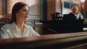 Court of Law and Justice Trial Stand: Portrait of Beautiful Female Victim Giving Heartfelt Testimony, Judge and Jury Listening. Dramatic Speech of Empowered Witness against Crime, Prejudice, Injustice - Powered by Shutterstock - Get 15% off with code: PIKWIZARD15