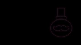Glowing neon line Beard and mustaches care oil bottle icon isolated on black background. Glass bottle with pipette. 4K Video motion graphic animation.