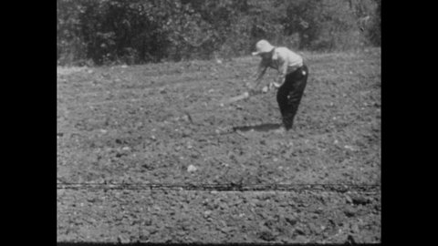 1950s: Man working in field, wipes face. View of trees, date appears. Map of Texas territory, arrow appears.