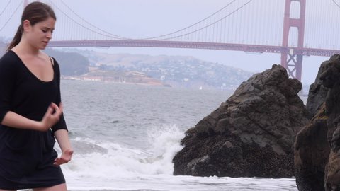Interpretive Dancing in Front of Golden Gate Bridge, Foggy Beach in SF