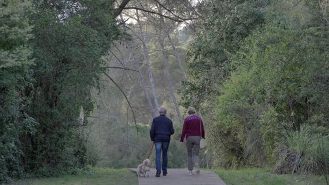 Elder Couple Walking With Their Dog In Forest Environment During Sunset - static shot