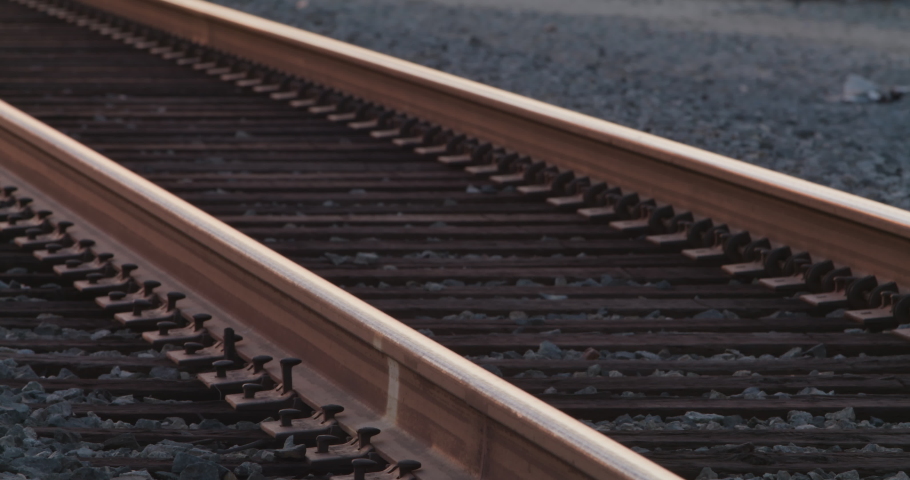 Close Up On Railroad Tracks. Sunset or Dusk