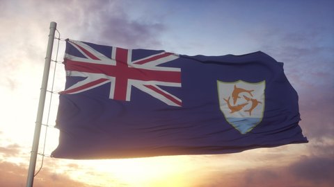 Flag of Anguilla waving in the wind, sky and sun background